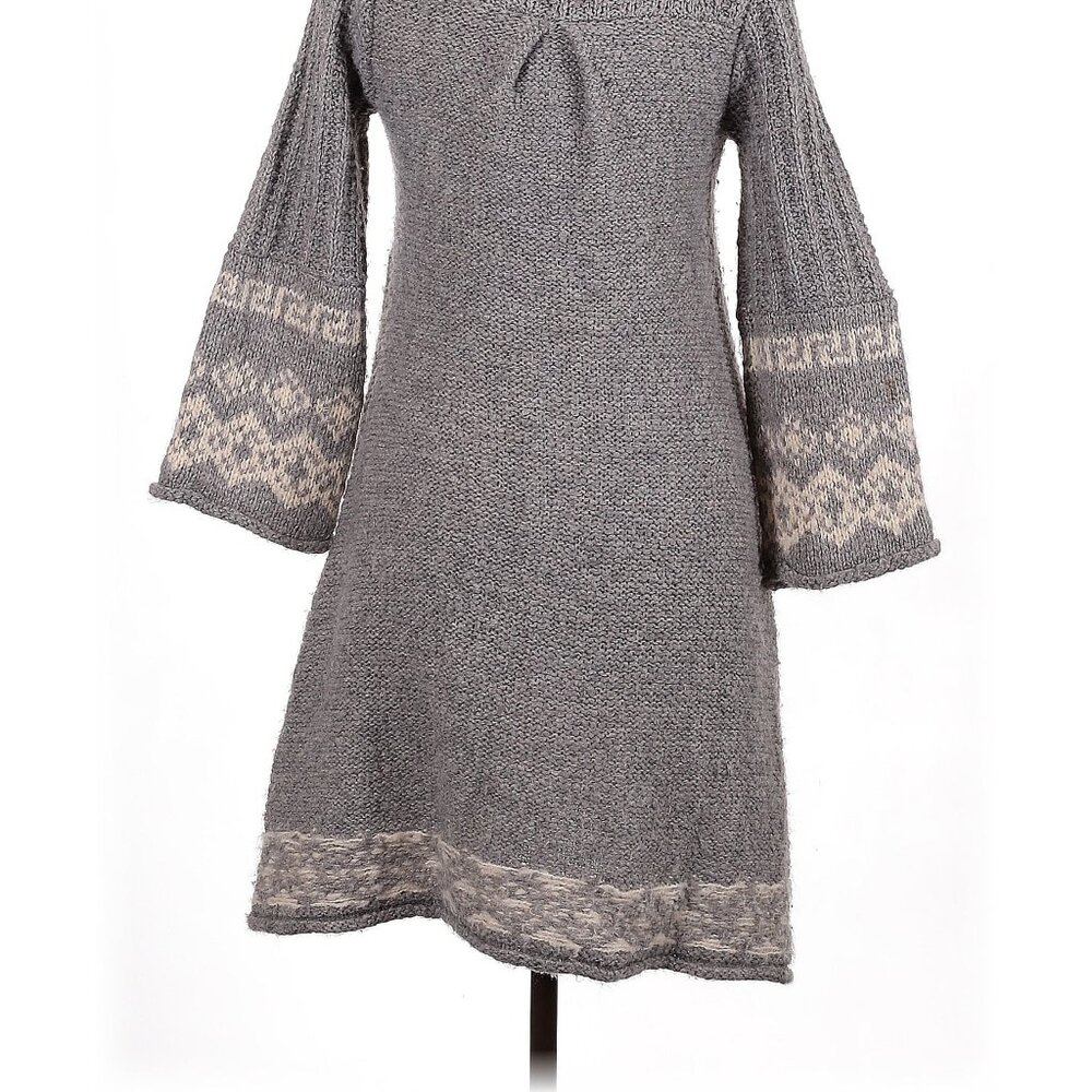๐งฃ Free People Hooded Knit Cardigan โ Gray & Cream Geometric Pattern โ Zip Front - Picture 5 of 6